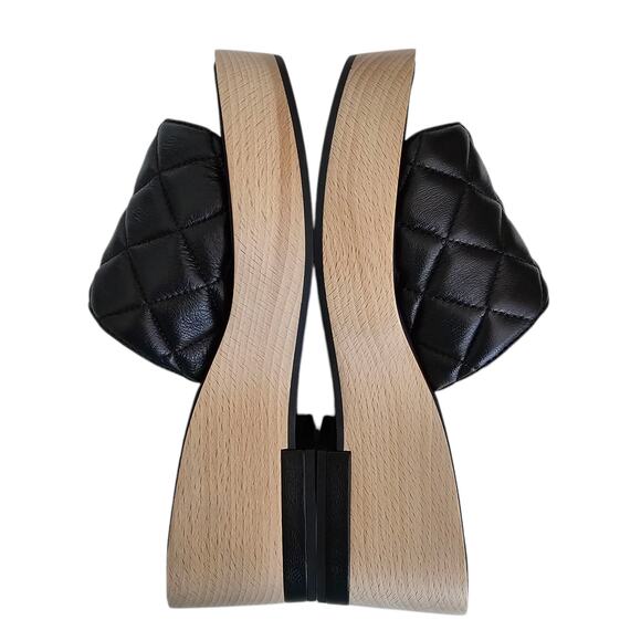 Chanel CC Wood Platform Sandal Slide Mule Size 39 US 8 8.5 Quilted Black Leather - Picture 11 of 15